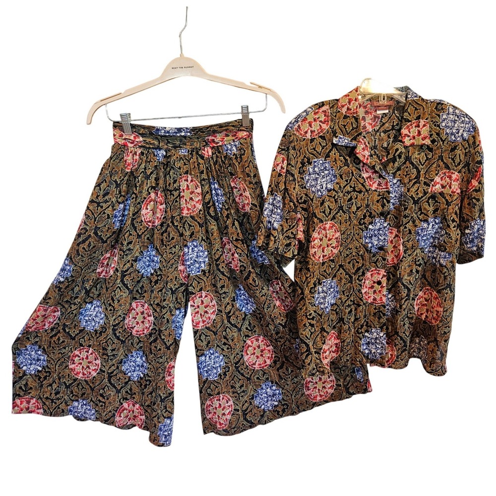Vintage Worthington Rayon Two Piece Set Batik Print Wide Leg Pants Top Med Y2k
